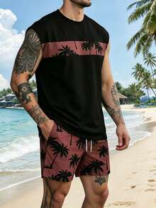 Men's Palm Tree Print Sleeveless Crew Neck Tank Top And Shorts Casual Set - Red - View 4