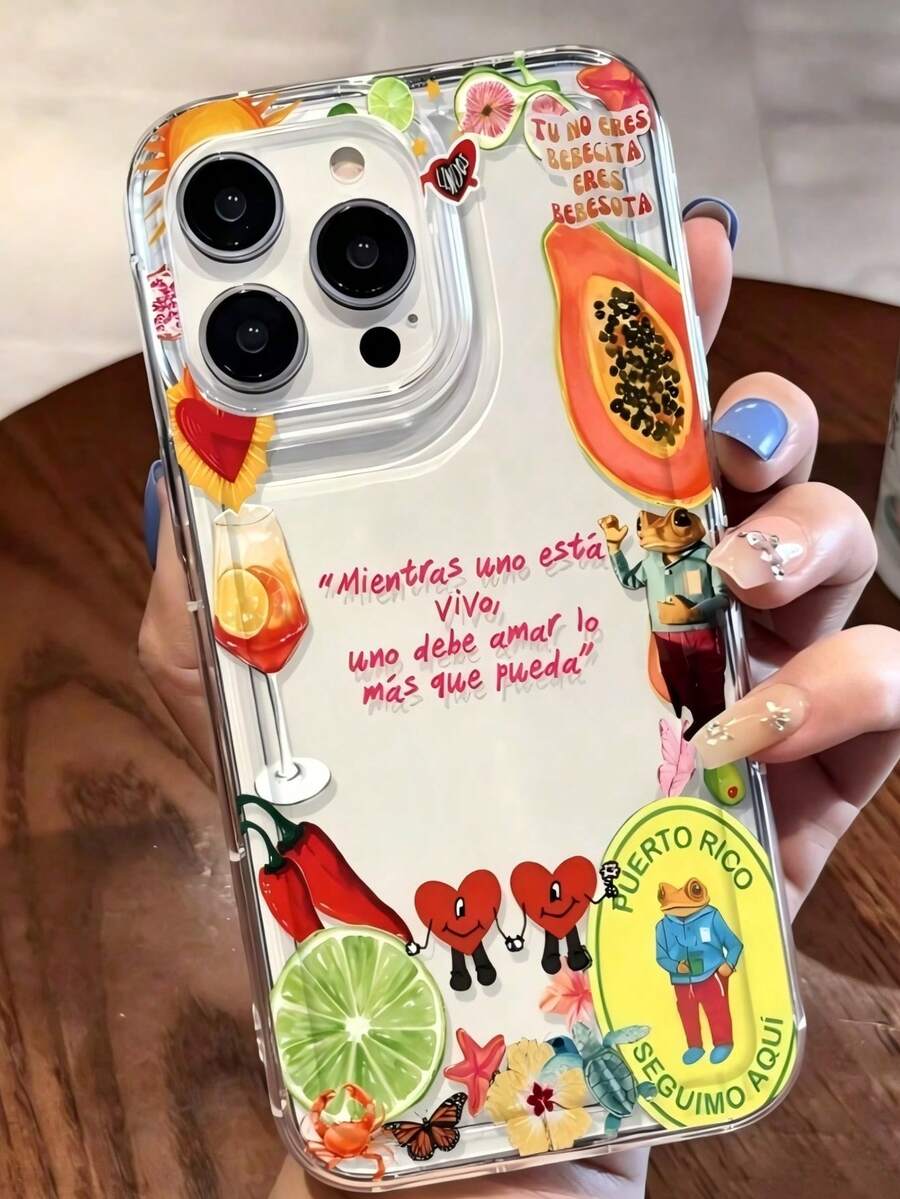 1 pieza Funda de teléfono minimalista personalizada con eslogan de fruta de verano y patrón de vino, TPU transparente con airbag amortiguador, anti-caída y anti-huellas, compatible con iPhone 16/16Pro/16Plus/15/15ProMax/15Pro/11/12/13/14ProMax/11Pro/11ProMax/12Pro/12ProMax/13Pro/13ProMax/14Pro/14ProMax, carcasa blanda premium creativa 17Air - Multicolor - Ver 1