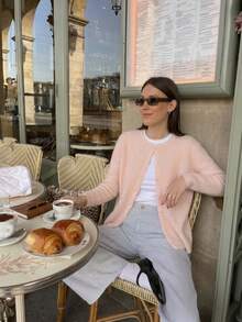 Light Pink Round Neck Mohair Knit Cardigan, Soft Slouchy Textured Single-Breasted, Casual Versatile For Daily Wear, Outings And Commuting, Autumn/Winter - Light Pink - View 2