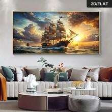 2D Flat, 2D Flat 1 Stück rahmenlose moderne abstrakte Piratenschiff segelt in den Sonnenuntergang Leinwand Wandkunst Poster - lebendiges nautisches Gemälde für Wohnzimmer & Schlafzimmer Dekoration, hochwertiger Muster, elegantes zeitgenössisches Design, nautische Dekoration, 2D Flat - Entwurf 01 - Übersicht 5