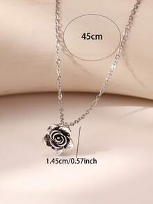 1pc Vintage Silver Rose Flower Pendant Necklace, Retro Hollow Floral Collarbone Chain, Elegant Gothic Jewelry Gift For Women Daily Party Wear - Flower Pendant Necklace - View 1