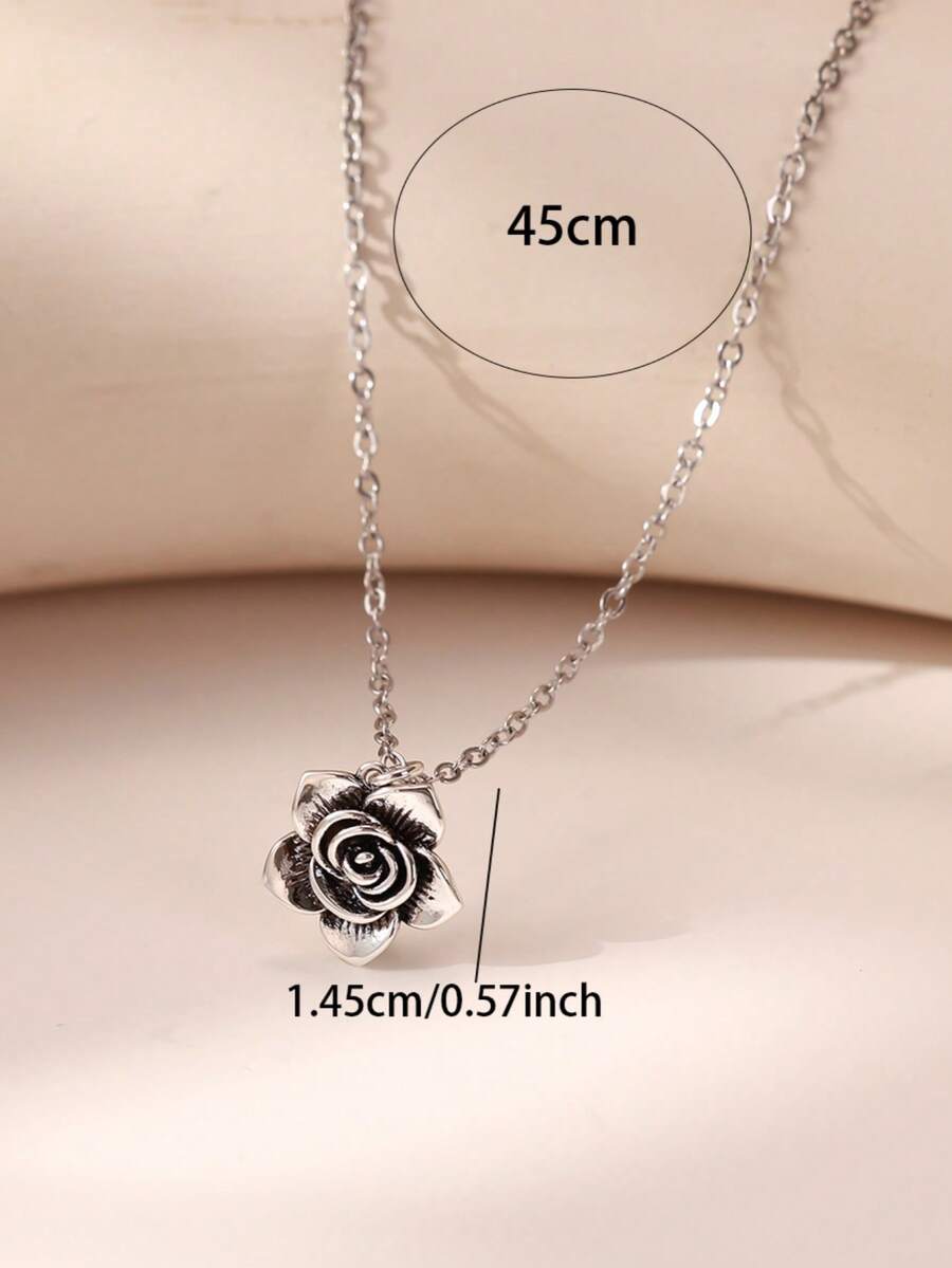 1pc Vintage Silver Rose Flower Pendant Necklace, Retro Hollow Floral Collarbone Chain, Elegant Gothic Jewelry Gift For Women Daily Party Wear - Flower Pendant Necklace - View 1