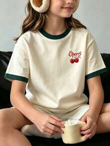 Kaos Kasual Lengan Pendek Warna Kontras Bordir Cherry Manis untuk Remaja Perempuan, Cocok untuk Pemakaian Sehari-hari dan Liburan - Aprikot - View 10