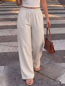 Dripcurv Plus Size Striped Straight Leg Casual Pants, Minimalist & Fashionable, Suitable For Summer - Apricot - View 1