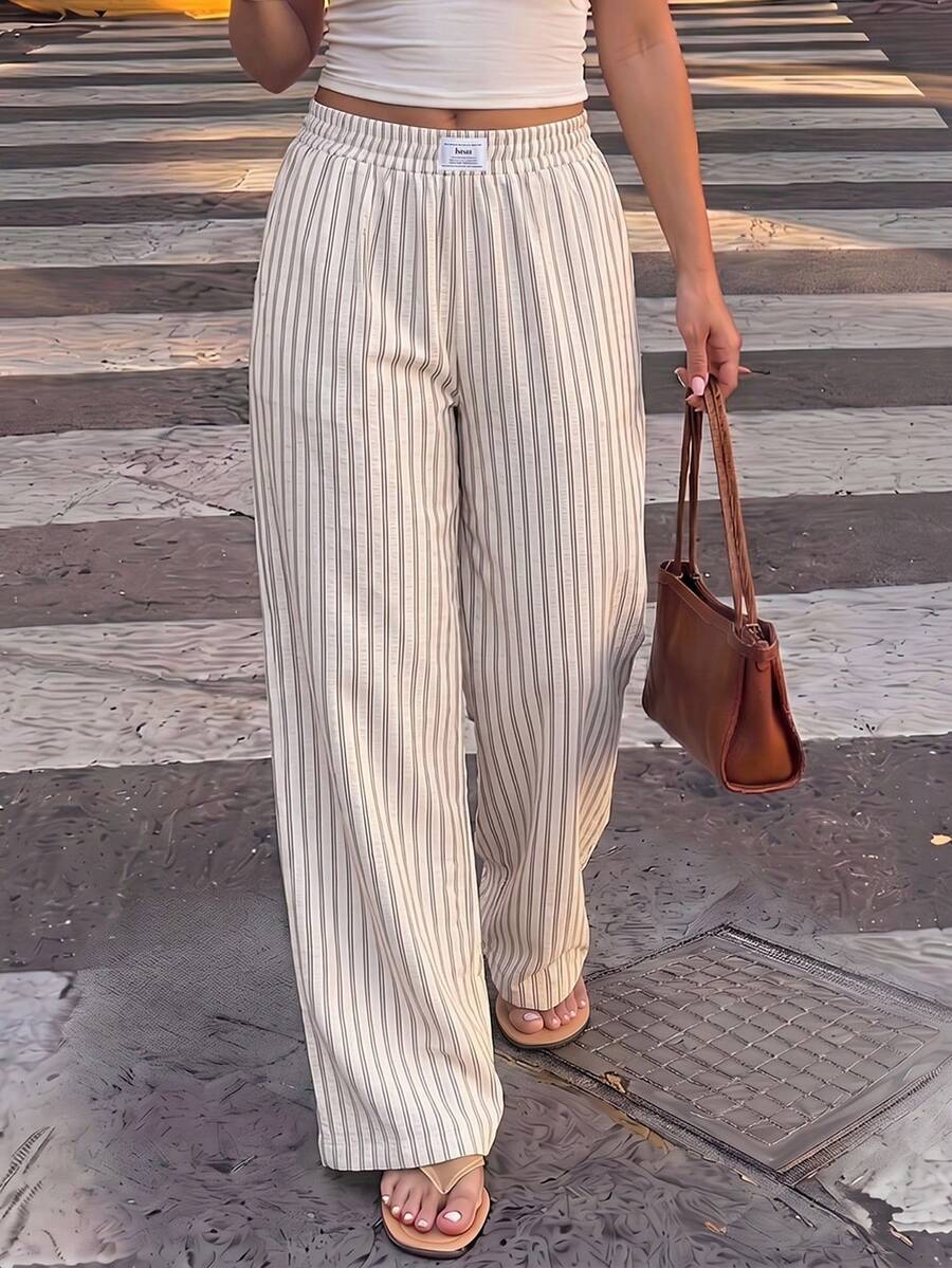 Dripcurv Plus Size Striped Straight Leg Casual Pants, Minimalist & Fashionable, Suitable For Summer - Apricot - View 1