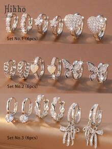 Hihho 6pcs/Set Luxury Cubic Zirconia Earring Set, Featuring Butterfly, Rhinestone Bow, Geometric Patchwork Designs, Minimalist Silhouette With Sparkling Details, Versatile For Commute, Work, And Light Social Occasions - Silver - View 1
