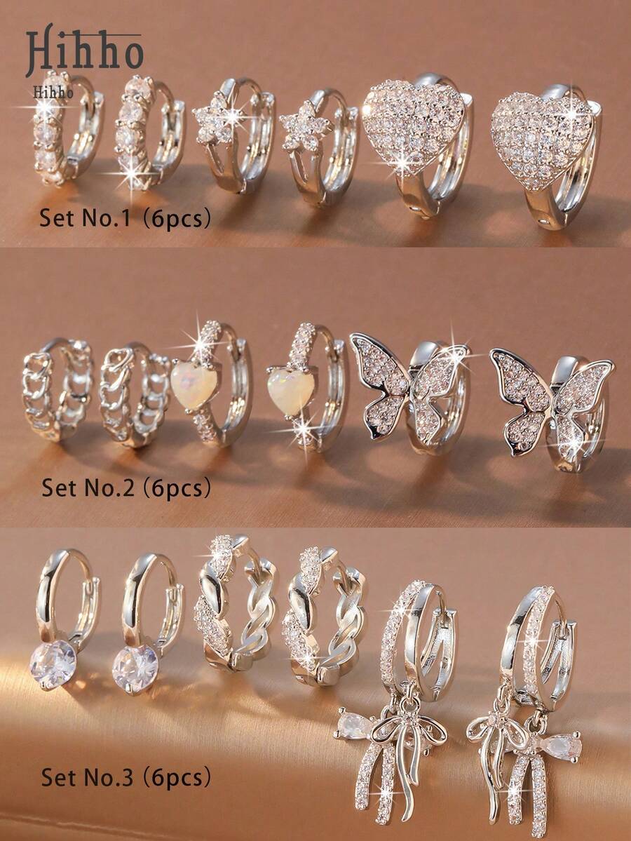 Hihho 6pcs/Set Luxury Cubic Zirconia Earring Set, Featuring Butterfly, Rhinestone Bow, Geometric Patchwork Designs, Minimalist Silhouette With Sparkling Details, Versatile For Commute, Work, And Light Social Occasions - Silver - View 1