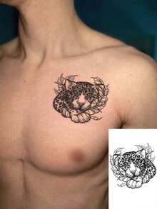1 Sheet Men's Black Stippled Leopard Head Temporary Tattoo Stickers, Gentle Spotted With Leaves Dot Shading Waterproof Large Body Stickers For Arm Chest Rib Shoulder Decor - Black - View 1