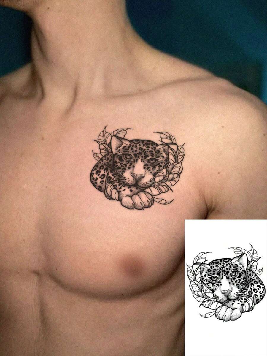 1 Sheet Men's Black Stippled Leopard Head Temporary Tattoo Stickers, Gentle Spotted With Leaves Dot Shading Waterproof Large Body Stickers For Arm Chest Rib Shoulder Decor - Black - View 1