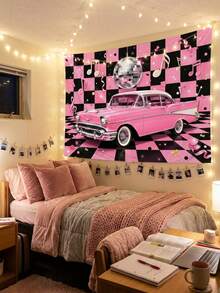 Y2K Millennium Pink Vintage Car Tapestry, 50s Retro Disco Black & Pink Checkerboard Backdrop, Mirror Disco Ball & Music Note Print, Vintage Rock 2000s Party Photo Backdrop, Girl's Bedroom Dorm Birthday Wall Decor - Multicolor - View 2