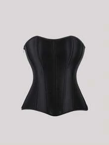 Hourtrue 1pc Satin Strapless Bustier Top, Women's Renaissance Style Corset Bodice, Side Zipper & Back Tie Design, Suitable For Summer \Fall - Black - View 1