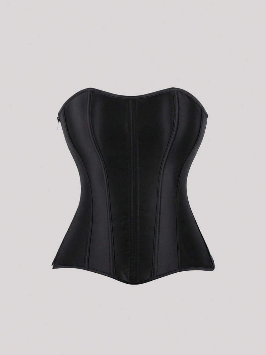 Hourtrue 1pc Satin Strapless Bustier Top, Women's Renaissance Style Corset Bodice, Side Zipper & Back Tie Design, Suitable For Summer \Fall - Black - View 1