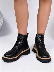Women's Fashion Round Toe Lace-Up Black Autumn/Winter Plus Size Versatile Retro Slip-On Ankle Boots And Ankle Boots - Black - View 1