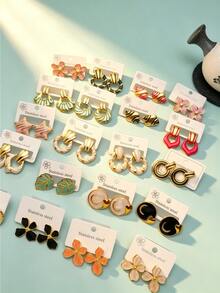 4/8/16/24Pcs Colorful Flower Leaf Enamel Stainless Steel Earrings, Women's Accessories, Elegant Earrings, For Women's Party Fashion Set - Multicolor - View 6