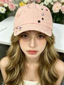 1pc New Korean Style Distressed Baseball Cap For Women, Spring/Summer Sun Protection Rhinestone Sun Hat, Versatile Soft Top Baseball Cap, Makes Face Look Smaller - Multicolor - View 1
