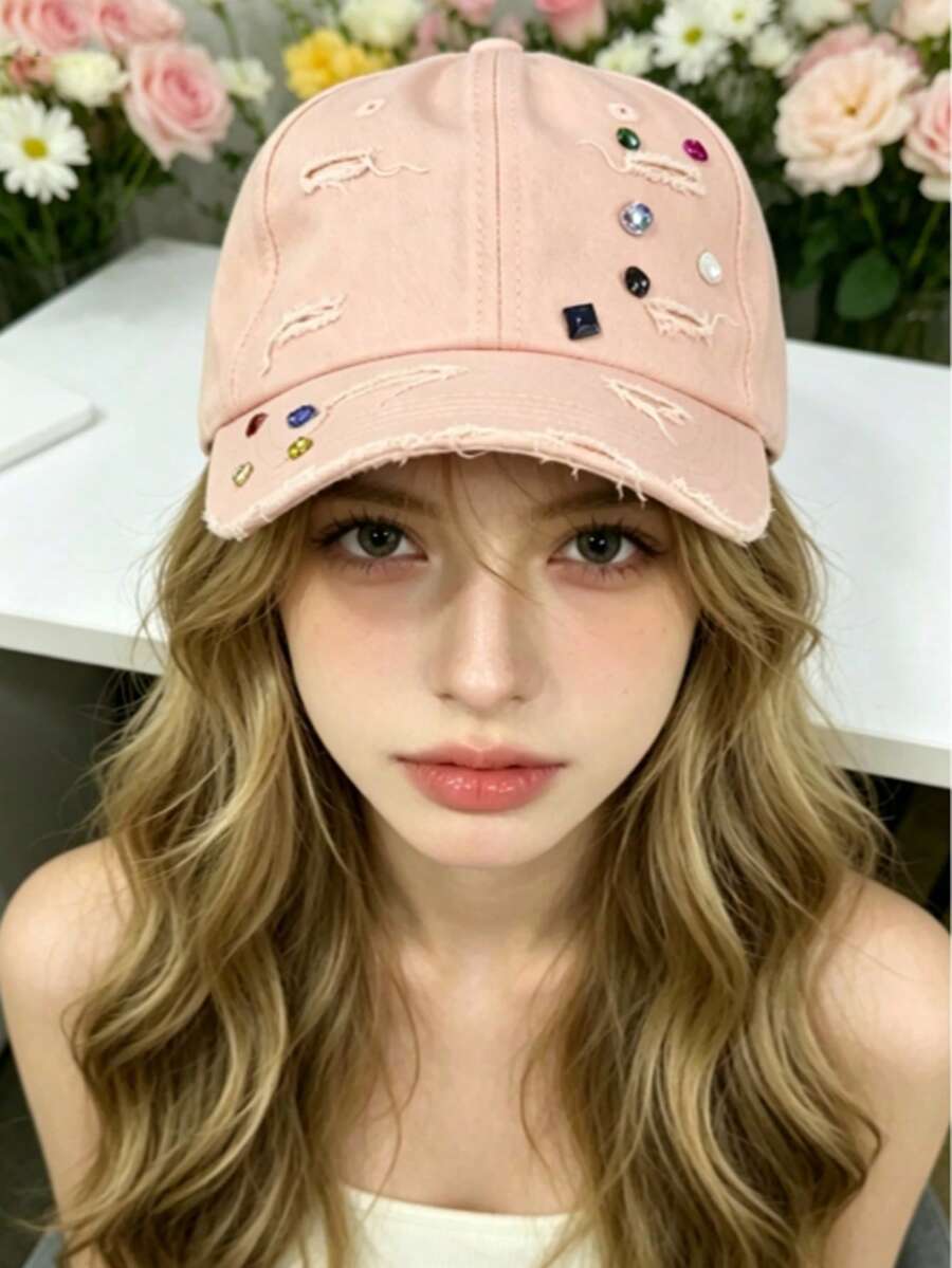1pc New Korean Style Distressed Baseball Cap For Women, Spring/Summer Sun Protection Rhinestone Sun Hat, Versatile Soft Top Baseball Cap, Makes Face Look Smaller - Multicolor - View 1