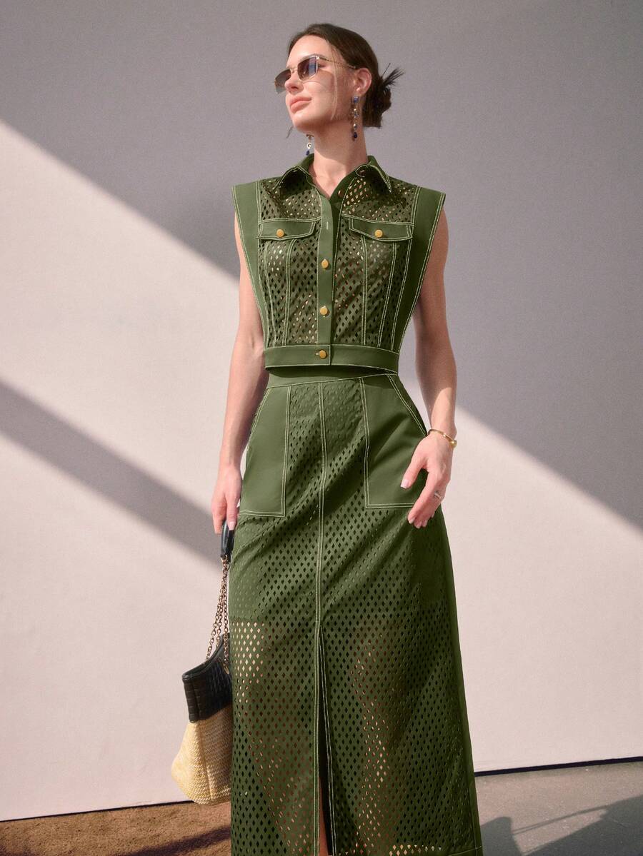 Women's New Hollow Out Sleeveless Collared Shirt And Mid-Length Skirt Fashion Two Pieces Set, Suitable For Work, Outings, And Vacation Wear - Olive Green - View 1