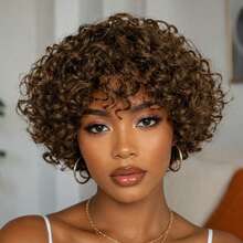 AMECIRE Brown Curly Wig Pixie Cut Wig Women's Short Hair Wig With Bangs Human Hair Wigs 5 Inches Machinery Manufacturing Suitable For All People - S4 - View 2