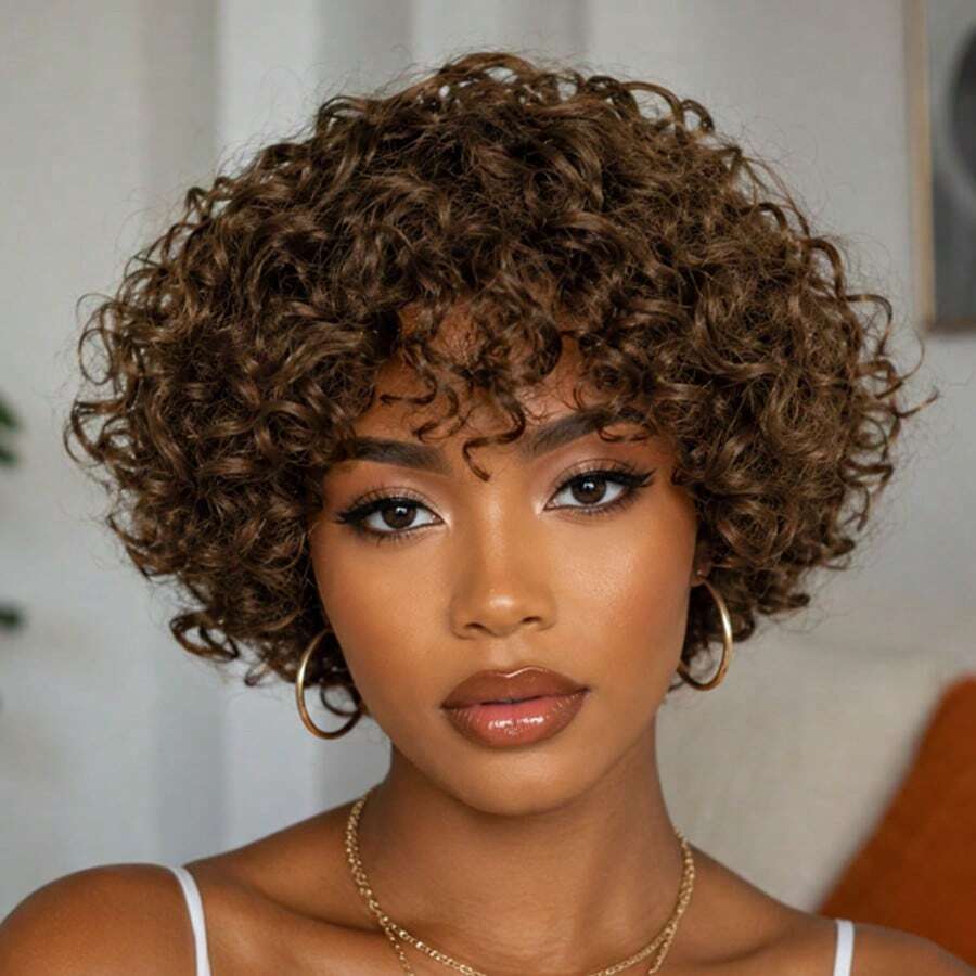 AMECIRE Brown Curly Wig Pixie Cut Wig Women's Short Hair Wig With Bangs Human Hair Wigs 5 Inches Machinery Manufacturing Suitable For All People