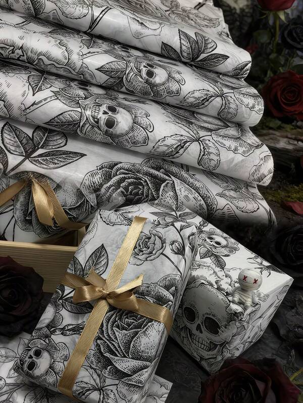 50*70cm Gothic Style Black Skull & Floral Pattern Gift Wrapping Tissue Paper, Suitable For Wedding, Valentine's Day Gifts, Gift Wrapping Paper, Crafts, Birthday Gift Wrapping, Gift Bag Filler, Party Favors