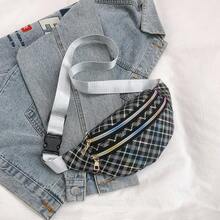 Korean Style Plaid Casual Waist Bag, Women's Wide Strap Versatile One Shoulder Small Bag, Sports Travel Portable Storage Chest Bag - A - View 1