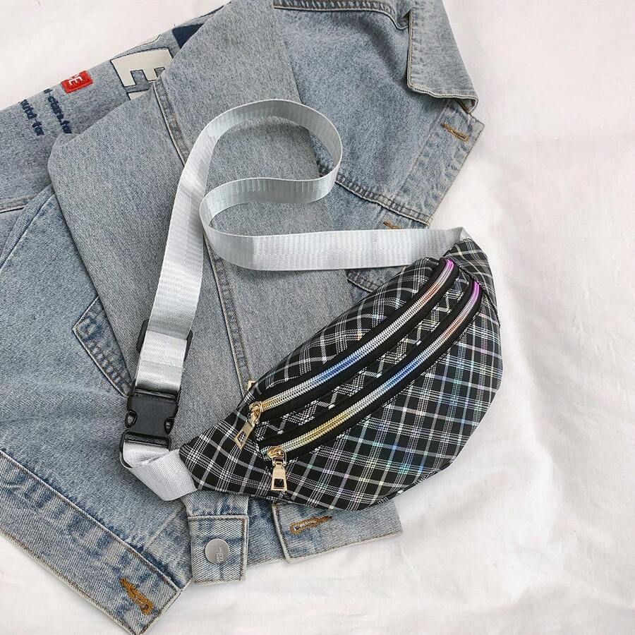 Korean Style Plaid Casual Waist Bag, Women's Wide Strap Versatile One Shoulder Small Bag, Sports Travel Portable Storage Chest Bag - A - View 1