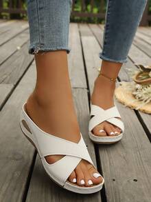 Damen Keilabsatz Sandalen Mattes PU Kreuzriemen Offene Zehen Pantoffeln Bequeme weiche Sohle rutschfest täglicher Arbeitsweg Strand Lässig dicke Sohle einfarbig Urlaub Mode Boho - Weiss - Übersicht 5