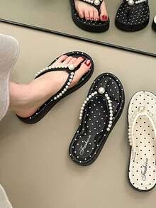 Korean Style Polka Dot Pearl Decor Beach Casual Vacation Thick Sole Height-Increasing Non-Slip Summer Flip Flop Sandals For Women - Black - View 2