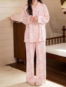 Gongdie 2 Pieces Snoopy Women Pajama Set,Spring Fall Soft Comfortable With Drop Shoulder Long Sleeve & Wide Leg Pants Loungewear - Pink - View 10