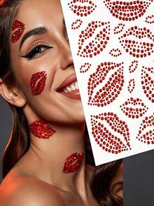 1pc Red Lip Print Rhinestone Sticker, Shiny Valentine's Day Temporary Face & Body Decoration, Sexy Synthetic Gemstone Lip Design Suitable For Party, Event, Photo, Party Accessories, Event Makeup, Bold Lip Shape Design, Glitter Effect, Rhinestone Embellishment, Suitable For Makeup, Eyes, Hair, Body, Carnival Accessories - A - View 4