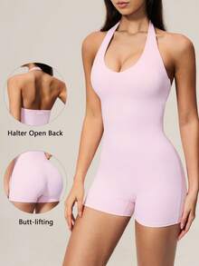 TimeOff Women's 1pc Solid Color Halter Neck U-Neck Backless Sports Romper - Pink - View 1