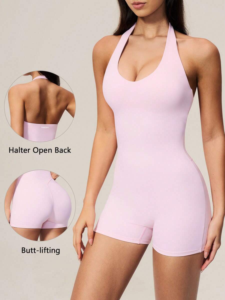 TimeOff Women's 1pc Solid Color Halter Neck U-Neck Backless Sports Romper - Pink - View 1