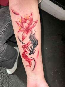 1件裝 中式水墨紅蓮陰陽錦鯉紋樣臨時紋身貼紙，逼真假紋身設計，適合日常、單身派對小禮物、音樂節、電競、畢業禮物，可維持3-5天 - 彩色 - 查看 5