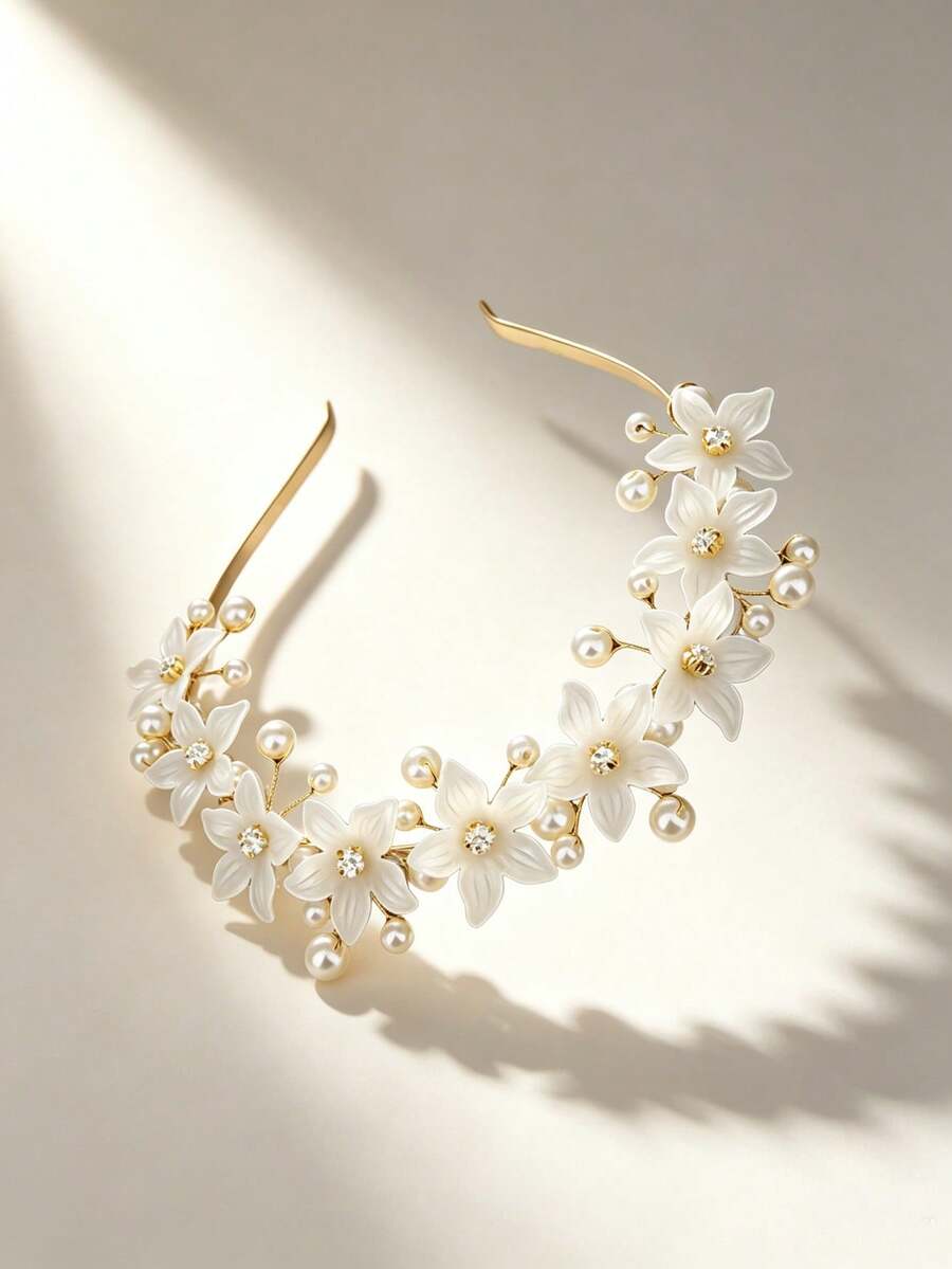 JOJELOO 1pc Minimalist Style Faux Pearl Flower Rhinestone Headband, Suitable For Women Bride Hairband, Hair Ring, Hair Accessory, Head Decoration - Gold - View 1