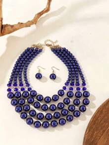 Exaggerated Multi-Layer Catkin Handmade Beaded Faux Pearl Necklace, Vintage Boho Style Necklace, Earrings, Suitable For Casual, Friends, Parties - Royal Blue - View 1