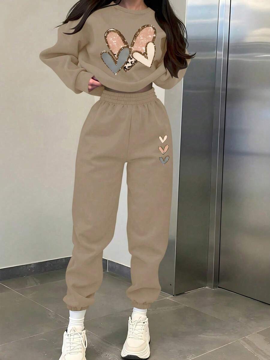Teen Girl Heart Print Crew Neck Sweatshirt And Jogger Pants Casual Set - Khaki - View 1