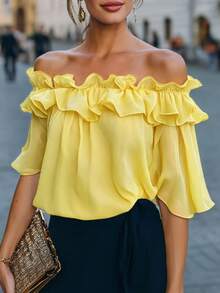 Top con hombros descubiertos 2026, camisa azul marino con detalles de volantes, volantes de doble capa, azul medianoche sólido, amarillo amigable para tallas grandes - Amarillo - Ver 2