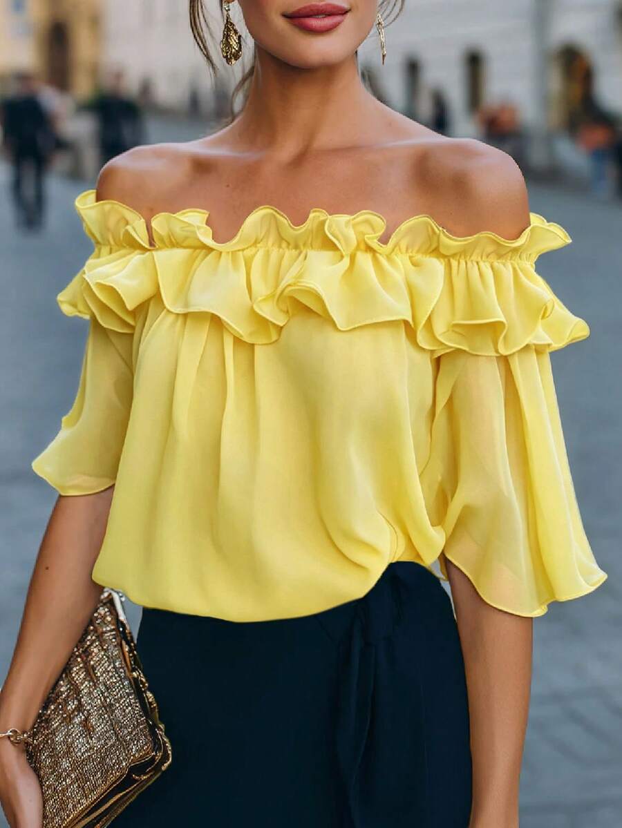 Top con hombros descubiertos 2026, camisa azul marino con detalles de volantes, volantes de doble capa, azul medianoche sólido, amarillo amigable para tallas grandes