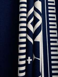 Goodbye Monotony! Men's Geometric Pattern Button-Front Beach Shirt, Bohemian Style Vacation - Navy Blue - View 6