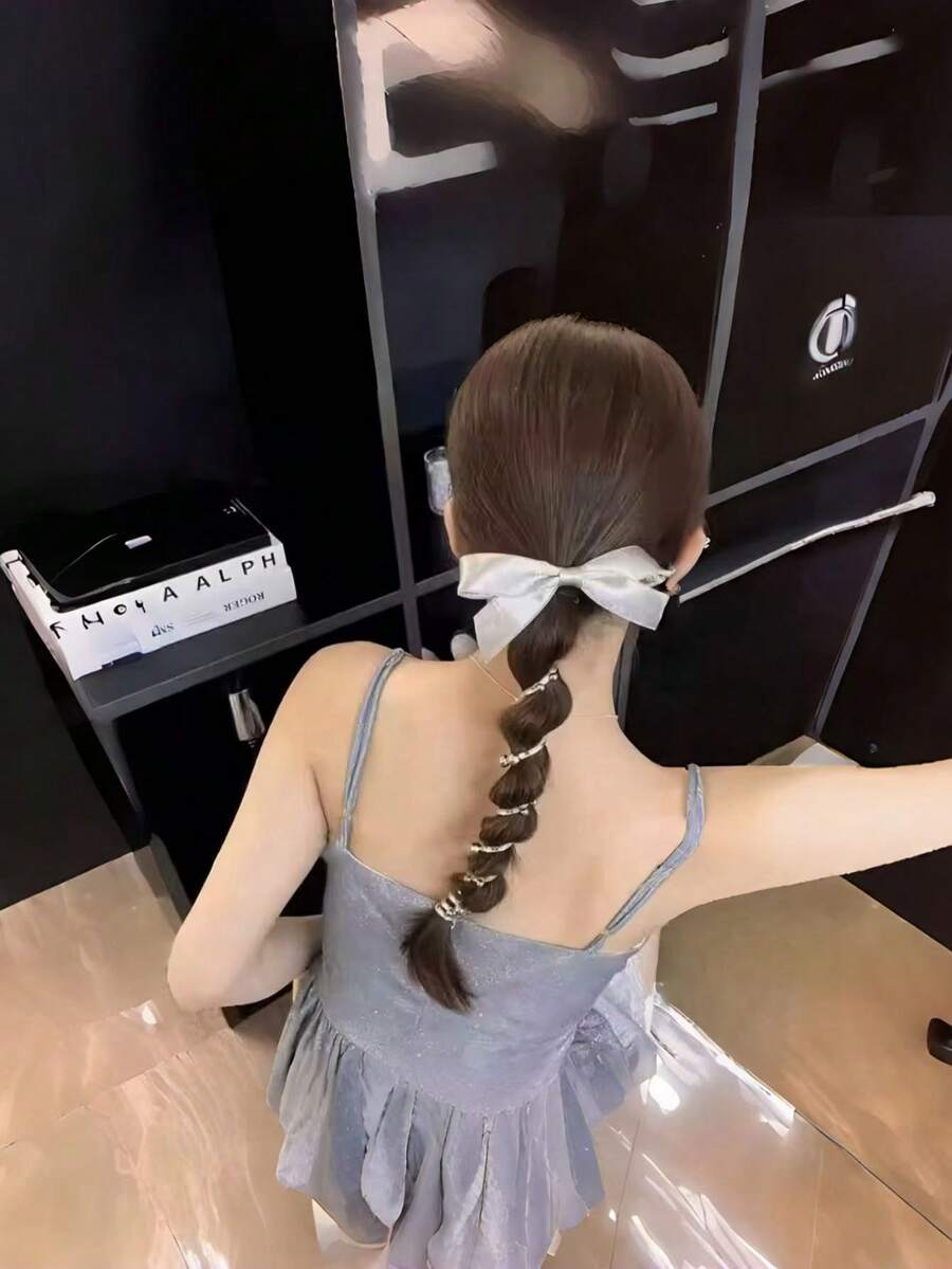 2026 銀色蝴蝶結珠飾螺旋髮圈 女款 高端後腦勺馬尾泡泡編髮帶 髮圈髮箍 - 銀色 - 查看 1