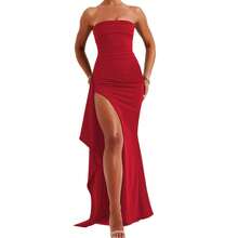 Vestido formal de mujer con escote fuera del hombro, sin tirantes, elegante y sexy, con una abertura alta y falda larga para el verano. - Azul - Ver 6