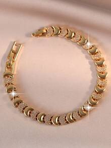 1pc Luxury Gold Plated Crescent Moon Pave Cubic Zirconia Chain Bracelet For Women, Suitable For All Seasons, Wedding, Anniversary Gift And Daily Wear - Gold - View 5