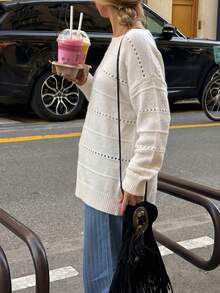 Women's White Knit Pullover Sweater, Long Sleeve, Hollow Out Detail, Cute And Comfortable - Apricot - View 5