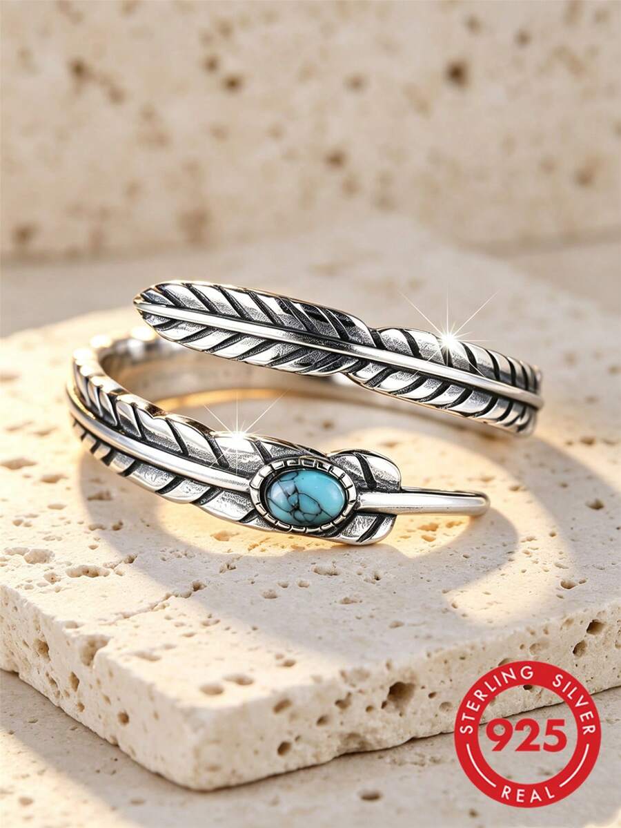 Vintage 925 Sterling Silver Oval Green Turquoise Feather Adjustable Ring, Gift For Her - Antique Silver - View 1