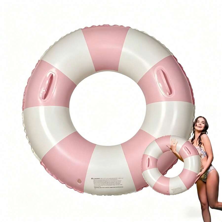 1 Adult Double Back-To-Back Floating Bed, Striped Inflatable Swim Ring For Water Park Floating, Lifebuoy (Handle Color Random), New Design Pink Inflatable Swim Ring With Handles, Summer White And Pink Inflatable Ring - 彩色 - 查看 1