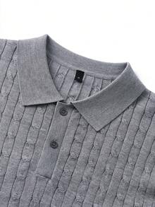 Men's Casual Classic Cable Knit Regular Shoulder Polo Collar Short Sleeve Top, Suitable For Summer - Light Grey - View 9