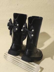 1 Pair Black Girls' Sweet Straight-Leg High-Top Leather Boots, Shiny Soft PU Material + Side Satin Pearl Bow Decor, Back Zipper Non-Slip Gear Thick Sole Design, Gentle Princess Style, Suitable For Daily Casual, School, Party, Performance, Travel, Vacation, Autumn/Winter New 2026 - Black - View 6