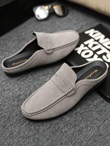 1 Pair Men's Spring/Autumn Vintage Suede Mule Slippers, Lace-Up Decor, Comfortable Soft Sole Closed-Toe Loafers, Preppy Style For Home, Outdoor, Commute, Casual, Office - Grey - View 2