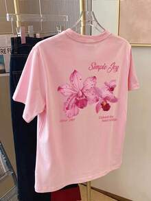 Es Trus Plus 夏季女款「Simple Joy」花卉字母圖案印花街頭 Y2K 風格粉色圓領大版短袖休閒 T-shirt 上衣 - 粉色 - 查看 4