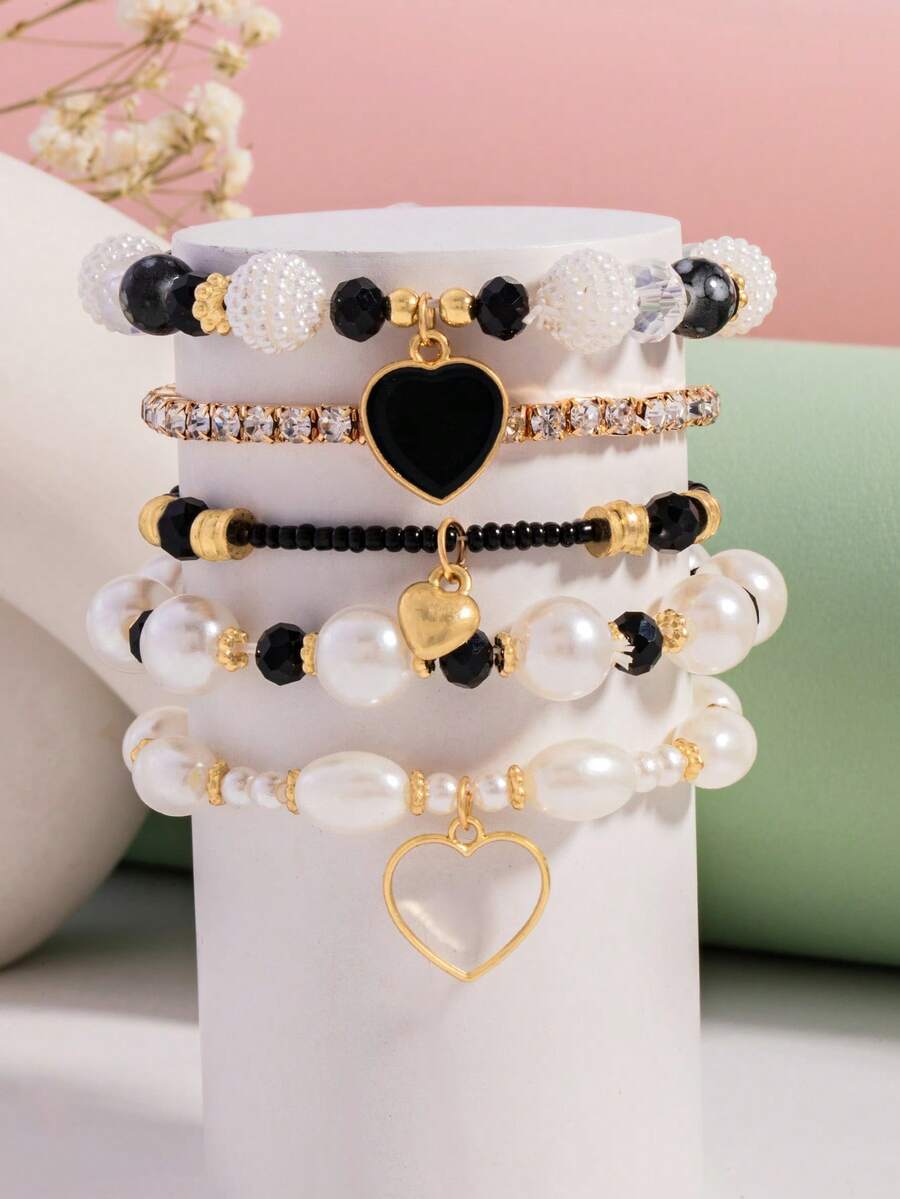 5pcs/Set Handmade Beaded Bohemian Style Fashion Heart-Shaped Bracelets, Suitable For Children And Teenagers - Style 5 - View 1